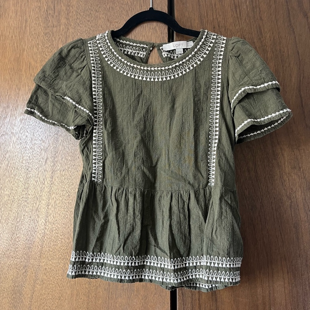 Loft Olive Embroidered Peasant Top with Double Ruffle Sleeves